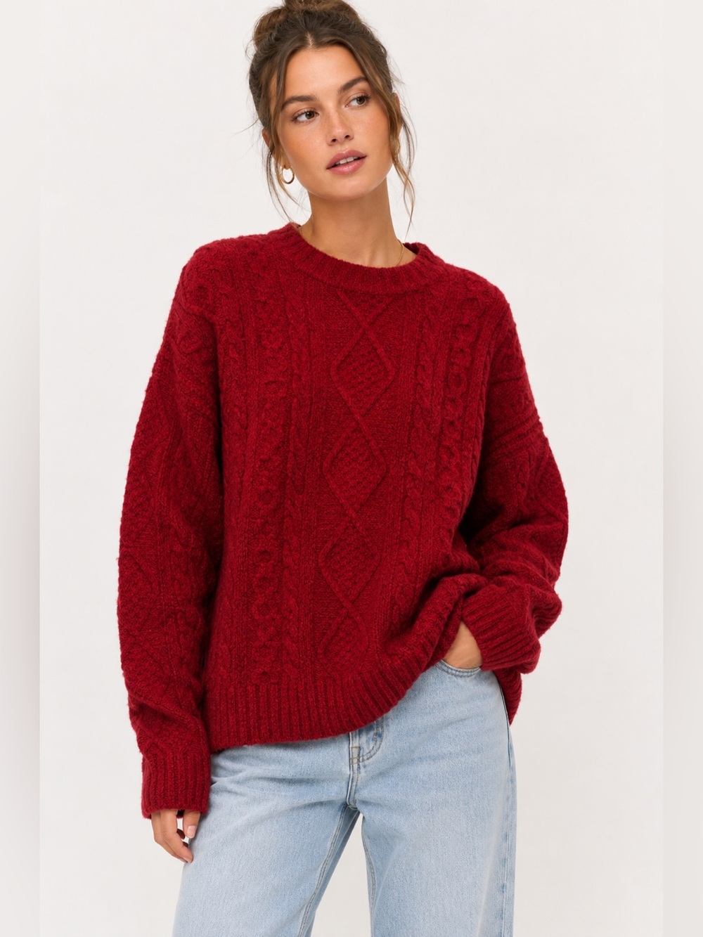 Abercrombie & Fitch Relaxed Lounge Cable Knit Crew Sweater Red Size Small
